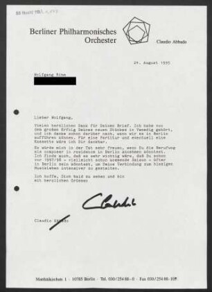 Brief an Wolfgang Rihm, 24.08.1995