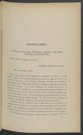 Epistolario : (Cartas de Don Antonio Varas y de Don Rafael Sotomayor)