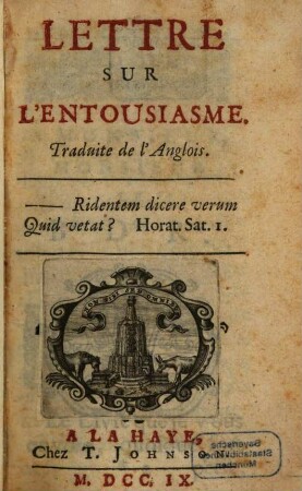 Lettre Sur L'Entousiasme : Traduite de l'Anglois