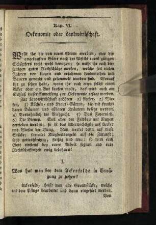 Kap. VI.: Oekonomie oder [und] Landwirtschaft