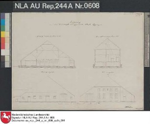 Querprofile und Giebelansichten vom Platzgebäude der Domäne Kloster Uppingen bei UTTUM Kolorierte Zeichnung von Schwägermann Papier Format 48,7x35,6 M 1:161