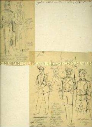 Uniformdarstellung, Skizzen mit Farbangaben von Uniformen von Husaren-Unteroffizieren, einem Unteroffizier der Jäger zu Fuß, eines Lanzenreiters, der Leibwache und eines Hellebardenträgers, Spanien, 1880.
