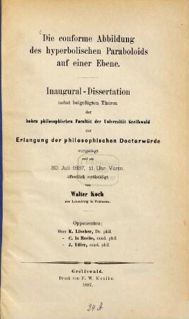Die conforme Abbildung des hyperbolischen Paraboloids auf einer Ebene : Inaug.-Diss.