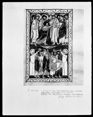 Psalterium mit Kalendarium — Bildseite mit zwei Miniaturen, Folio 28recto
