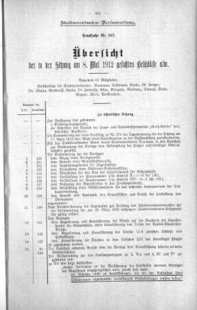 Übersicht der in der Sitzung gefaßten Beschlüsse usw. (147), 08. Mai 1912
