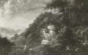 Waldige Berglandschaft mit Herren und Damen zu Pferde
