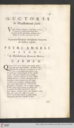 Auctoris in Metallothecam suam. Sequuntur Carmina diversorum Poetarum ab Auctore collecta