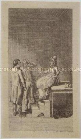 Interieur mit zwei Männern und einer auf einem Tisch sitzenden Dame - Titelkupfer zu Denis Diderots "Jakob und sein Herr"