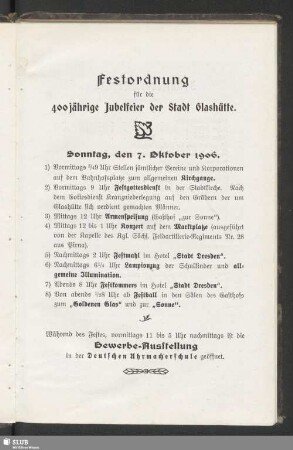 Festordnung für die 400jährige Jubelfeier der Stadt Glashütte