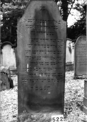 Grabstein 522 (Index: 99630023) Material: Sandstein Zustand: unten abgeblättert Maße HxBxT: 173x66x8 cm Beschreibung: Stele mit eingezogenem Rundbogenabschluß: Grabstein 522