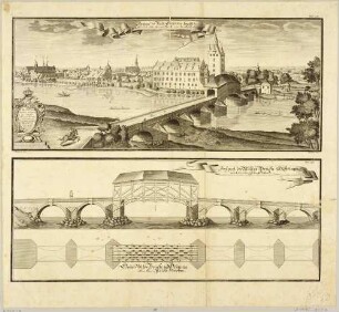 Stadtansicht von Grimma in Sachsen von Nordosten über die Mulde und die Pöppelmannbrücke (Muldenbrücke), dazu Aufriss und Grundriss der Brücke, aus Schramms Merkwürdigsten Brücken aus allen vier Theilen der Welt von 1735