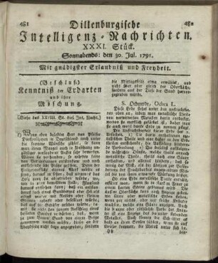 XXXI. Stück. Sonnabends: den 30. Jul. 1791.