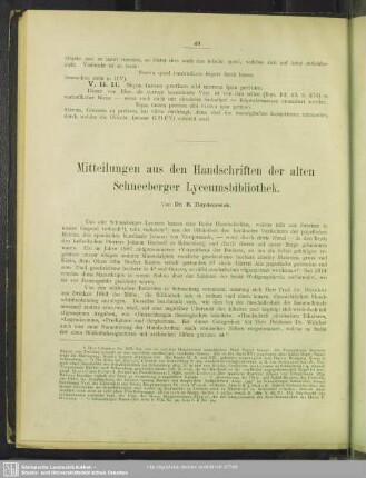 Mitteilungen aus den Handschriften der alten Schneeberger Lyceumsbibliothek