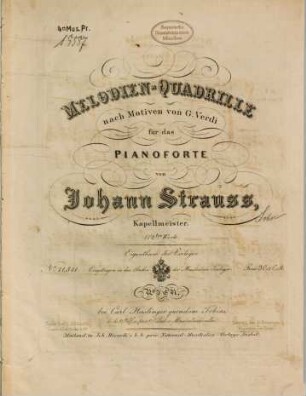 Melodien-Quadrille : nach Motiven von G. Verdi ; für d. Pianoforte ; 112. Werk