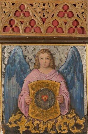 Teil einer Wandvertäfelung mit einen die Lutherrose haltenden Engel (aus dem Reformatorenzimmer der Veste Coburg)