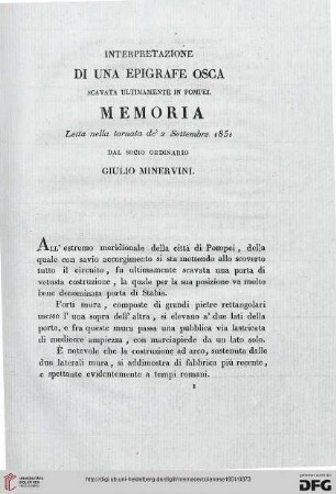 7: Interpretazione di una epigrafe osca scavata ultimamente in Pompei : memoria; letta nella tornata de' 2 Settembre 1851