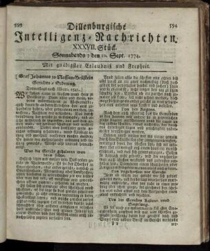 Sonnabends: den 10. Sept. 1774.