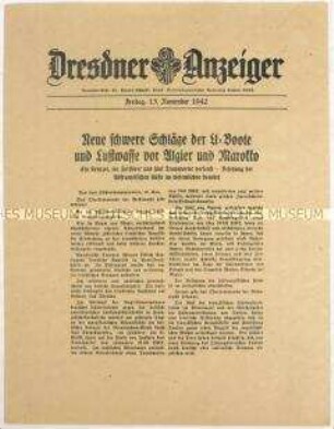 Nachrichtenblatt "Dresdner Anzeiger" mit Meldungen des Oberkommandos der Wehrmacht u.a. zum Kriegsgeschehen in Nordafrika