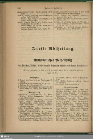 Zweite Abtheilung. Häuserbuch : Zweite Abtheilung. Alphabetisches Verzeichniß der Straßen, Plätze, sowie einzeln stehenden Häuser mit ihren Bewohnern
