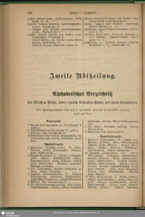 Zweite Abtheilung. Häuserbuch : Zweite Abtheilung. Alphabetisches Verzeichniß der Straßen, Plätze, sowie einzeln stehenden Häuser mit ihren Bewohnern