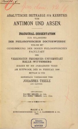 Analytische Beitraege zur Kenntnis von Antimon und Arsen