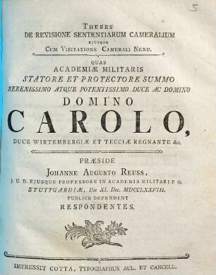 Theses De Revisione Sententiarum Cameralium Ejusque Cum Visitatione Camerali Nexu