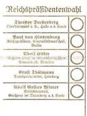 Stimmzettel der Reichspräsidentenwahl 1932, 1. Wahlgang