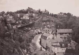 Blick zum Luisenhof : Dresden-Loschwitz, Blick vom Burgberg auf Grundstraße, Standseilbahn und Luisenhof