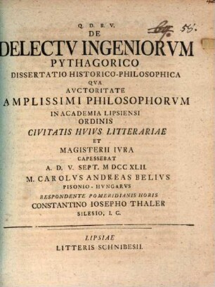 De delectu ingeniorum Pythagorico dissertatio philologico-historica