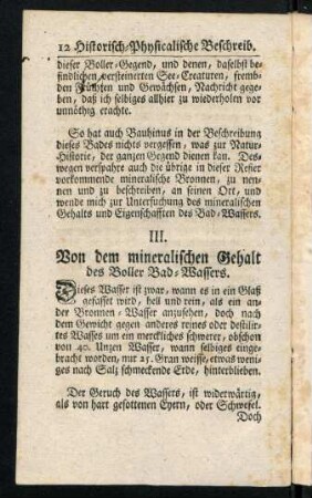 12-17, III. Von dem mineralischen Gehalt des Boller Bad-Wassers. IV. Von denen Gebäuden und andern Bequemlichkeiten des Boller-Bades.