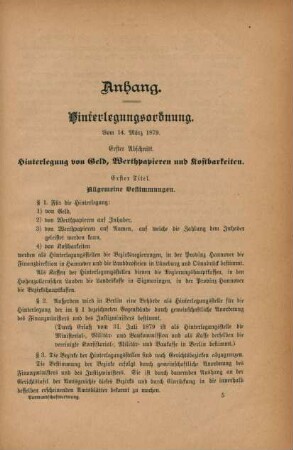 Erster Abschnitt. Hinterlegung von Geld, Werthpapieren und Kostbarkeiten.