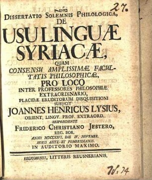 Dissertatio Solemnis Philologica, De Usu Linguæ Syriacæ