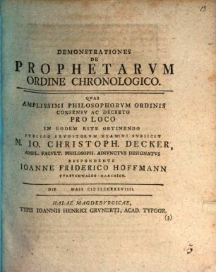 Demonstrationes De Prophetarvm Ordine Chronologico