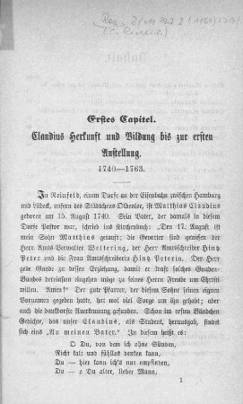 Erstes Capitel. Claudius Herkunft und Bildung bis zur ersten Anstellung. 1740-1763.