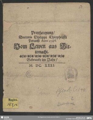 Propheceyung, Doctoris Philippi Theophrasti Paracelsi Anno 1546. Vom Lewen aus Mitternacht