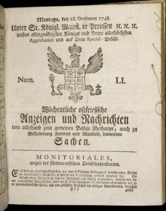 Num. LI. Montags, den 16. December 1748.