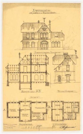Eisenbahn-Stationsgebäude für kleine Stationen: 2 Ansichten, Schnitt, Grundrisse, 1:100