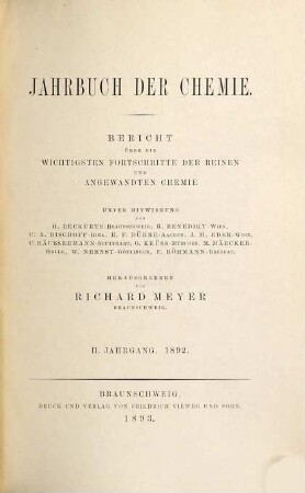 Jahrbuch der Chemie : Bericht über d. wichtigsten Fortschritte d. reinen u. angewandten Chemie. 2. 1892 (1893)