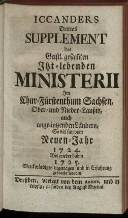 3: Iccanders ... Supplement Des Geistl. gesam[m]ten Itzt-lebenden Ministerii Im Chur-Fürstenthum Sachsen, Ober- und Nieder-Lausitz, und angräntzenden Ländern