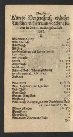 Kurtze Verzeichniß etzlicher Teutscher Wörter und Sachen/ davon in diesem tractat gehandelt wird.