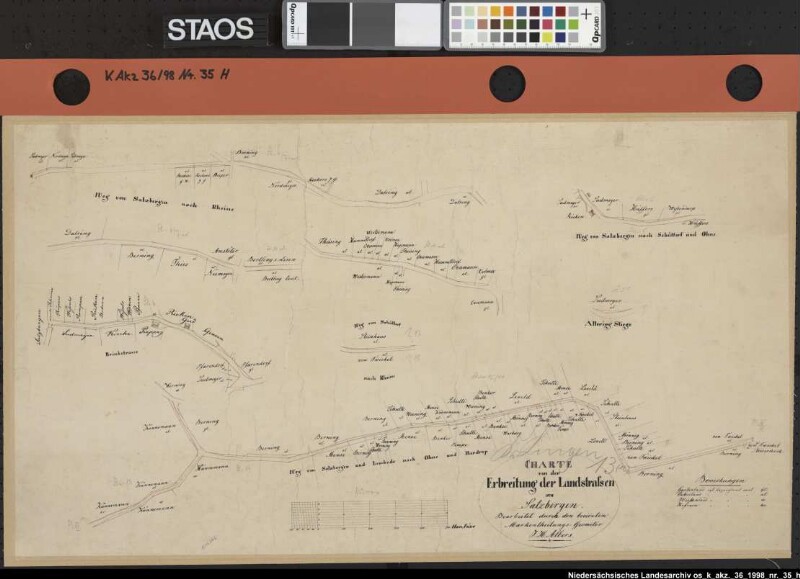 Karte von der Erbreitung der Landstraßen zu SALZBERGEN Ausf.-Art: Handzeichnung auf Karton, auf Nessel aufgezogen Hersteller: Albers, I. H., Geometer Format: 40,8 x 7282 cm Maßstab: 1 : 2000