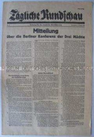 Sowjetische Tageszeitung für die deutsche Bevölkerung "Tägliche Rundschau" zum Abschluss der Berliner (Potsdamer) Konferenz der Alliierten mit dem Wortlaut des Potsdamer Abkommens