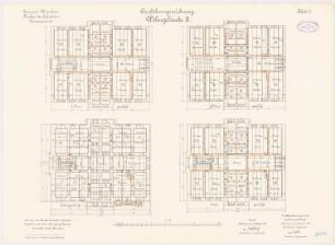 Garnison des Infanterie-Kasernements, Mannheim Wohngebäude II: Grundriss Keller, Erdgeschoss, 1. und 2. Obergeschoss 1:100