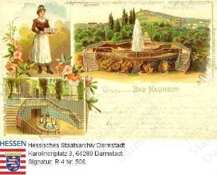 Bad Nauheim, Kuranlage / Sprudel, Kurbrunnen und Bedienerin