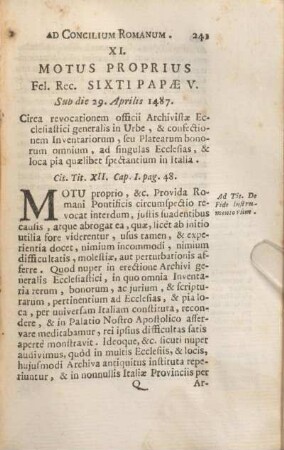XI. Motus Proprius Fel. Rec. Sixti Papae V. Sub die 29. Aprilis 1487.