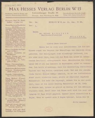 Brief an Alfred Einstein : 10.01.1922