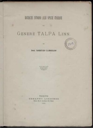 Ricerche Intorno Alle Specie Italiane Del Genere Talpa Linn.