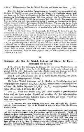 17. Richtungen oder Sinn der Winkel, Dreiecke und Büschel der Ebene. Richtungen der Ebene.