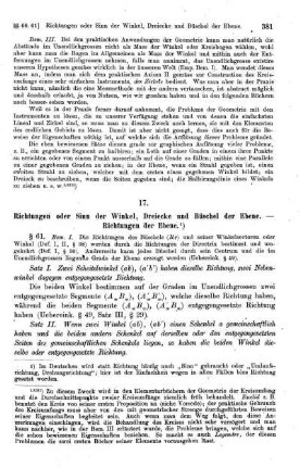 17. Richtungen oder Sinn der Winkel, Dreiecke und Büschel der Ebene. Richtungen der Ebene.