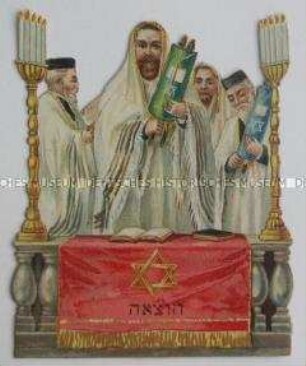 Jüdisches Oblatenbild "Hotsa`a" - Darstellung der feierlichen Zeremonie des Heraushebens der Torah-Rolle für den Gottesdienst; um 1910